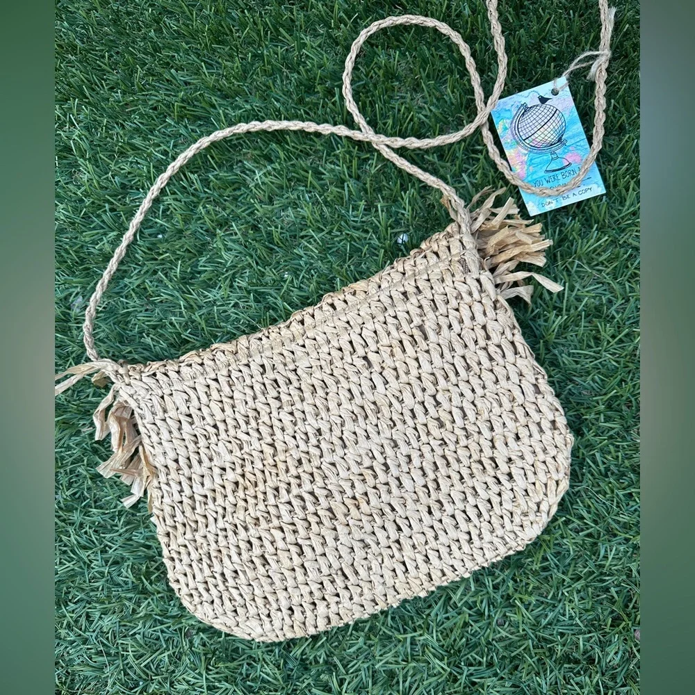 BNWT Dutch Handmade Crocheted Straw Crossbody Bag Purse - Picture 10 of 12